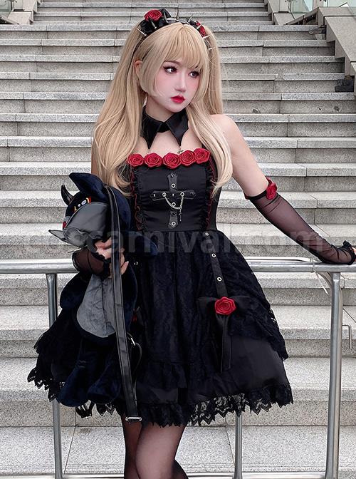 Gothic Vintage Lace Jacquard Design Metal Ring Buckle Chain Cross Decoration Three-Dimensional Rose Lolita Sleeveless Dress coscarnival