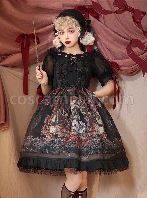 Gothic Vintage Print Grape Bow Decorative Ruffle Hem Gothic Lolita Sleeveless Dress coscarnival