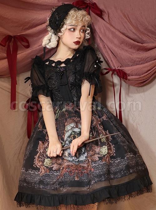Gothic Vintage Print Grape Bow Decorative Ruffle Hem Gothic Lolita Sleeveless Dress coscarnival