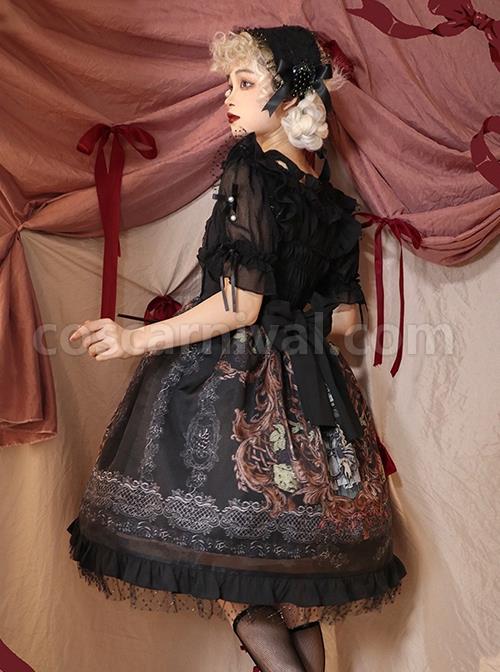 Gothic Vintage Print Grape Bow Decorative Ruffle Hem Gothic Lolita Sleeveless Dress coscarnival