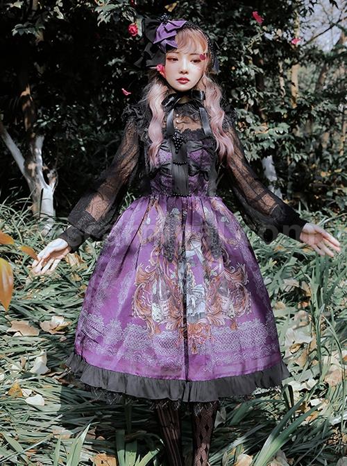 Gothic Vintage Print Grape Bow Decorative Ruffle Hem Gothic Lolita Sleeveless Dress coscarnival