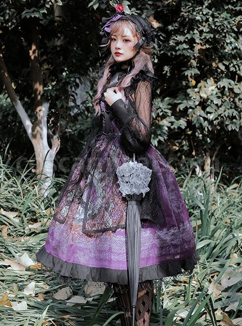 Gothic Vintage Print Grape Bow Decorative Ruffle Hem Gothic Lolita Sleeveless Dress coscarnival