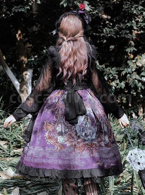 Gothic Vintage Print Grape Bow Decorative Ruffle Hem Gothic Lolita Sleeveless Dress coscarnival