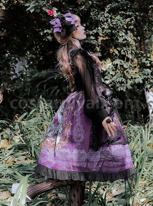 Gothic Vintage Print Grape Bow Decorative Ruffle Hem Gothic Lolita Sleeveless Dress coscarnival