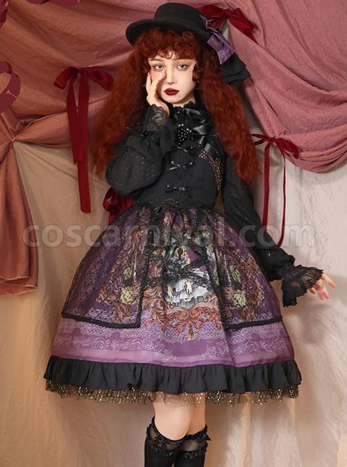 Grape Lace Vintage Grape Embellished Bow Detachable Belt Ruffle Hem Gothic Lolita Sleeveless Dress coscarnival