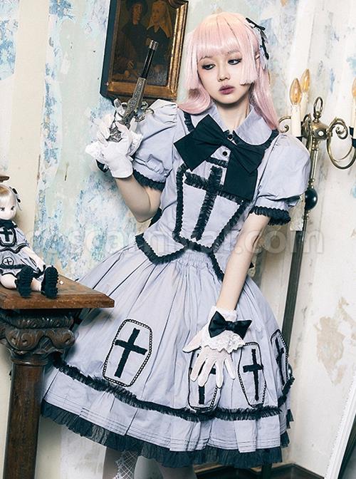Halloween Limited Series Bowknot Lace Crucifix Puff Sleeve Gothic Lolita Short-Sleeved Blouses Half Skirt Suit coscarnival