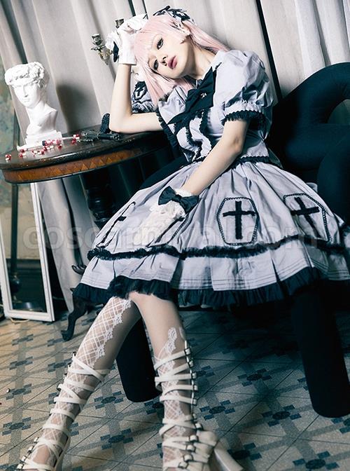 Halloween Limited Series Bowknot Lace Crucifix Puff Sleeve Gothic Lolita Short-Sleeved Blouses Half Skirt Suit coscarnival