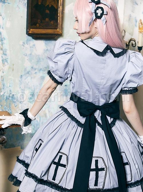Halloween Limited Series Bowknot Lace Crucifix Puff Sleeve Gothic Lolita Short-Sleeved Blouses Half Skirt Suit coscarnival