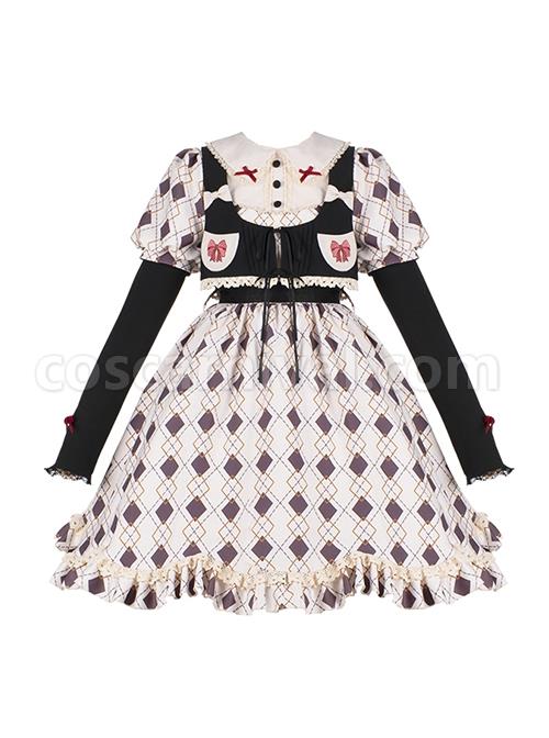 Hat-Trick-Series-Cute-Lace-Doll-Collar-Retro-Sweetheart-Rhombus-Print-Detachable-Black-Vest-Classic-Lolita-Long-Sleeved-Dress-Set-coscarnival-2682