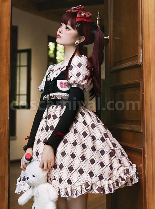 Hat-Trick-Series-Cute-Lace-Doll-Collar-Retro-Sweetheart-Rhombus-Print-Detachable-Black-Vest-Classic-Lolita-Long-Sleeved-Dress-Set-coscarnival-2722