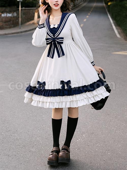 Heart-Route-Series-OP-White-Sailor-Suit-V-Neck-Design-Bow-Knots-Decoration-Long-Sleeve-Classic-Lolita-Dress-coscarnival-2677