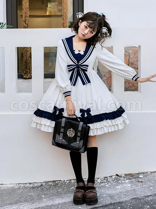 Heart-Route-Series-OP-White-Sailor-Suit-V-Neck-Design-Bow-Knots-Decoration-Long-Sleeve-Classic-Lolita-Dress-coscarnival-2699