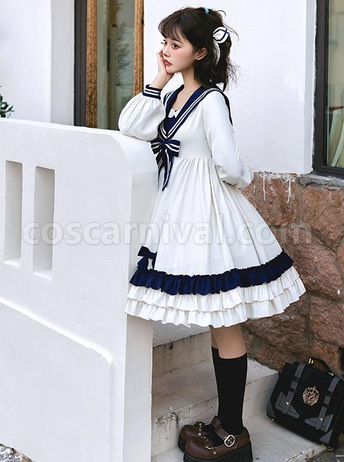 Heart-Route-Series-OP-White-Sailor-Suit-V-Neck-Design-Bow-Knots-Decoration-Long-Sleeve-Classic-Lolita-Dress-coscarnival-2709
