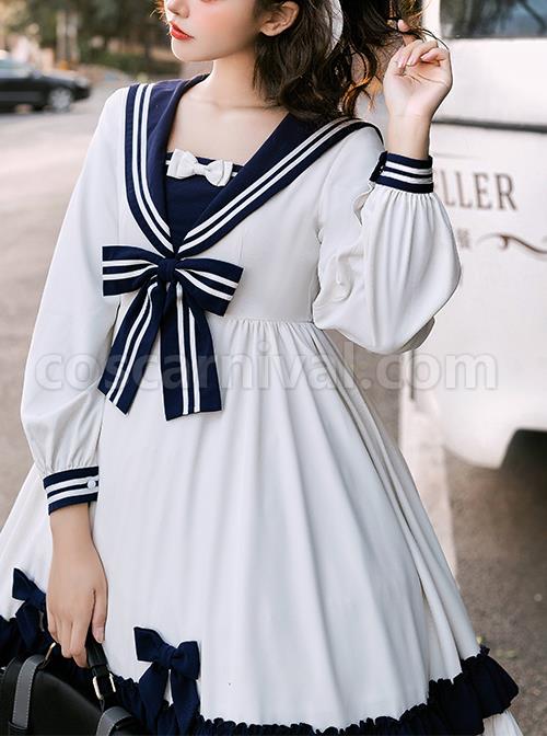 Heart-Route-Series-OP-White-Sailor-Suit-V-Neck-Design-Bow-Knots-Decoration-Long-Sleeve-Classic-Lolita-Dress-coscarnival-2730