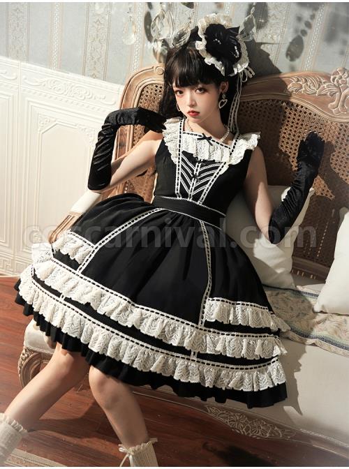 Heartbeat-Direction-Series-JSK-Summer-Black-A-shape-Mid-length-High-Waist-Style-Flying-Sleeves-Lace-Bow-Classic-Lolita-Sling-Dress-coscarnival-2689