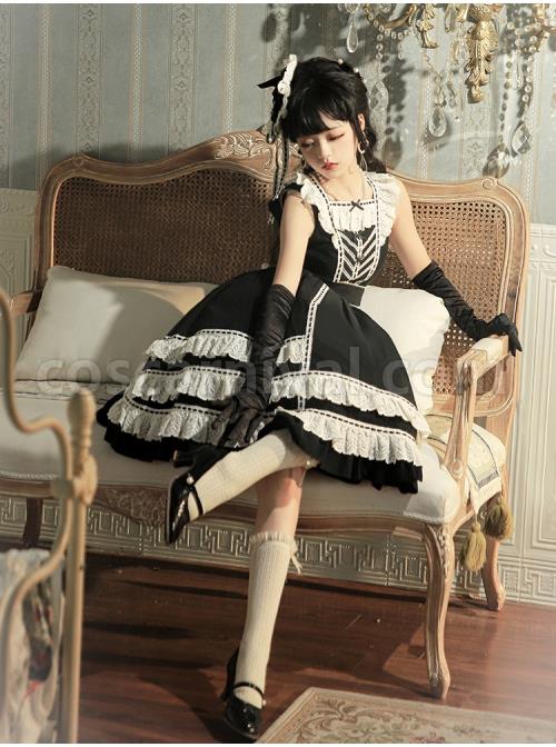 Heartbeat-Direction-Series-JSK-Summer-Black-A-shape-Mid-length-High-Waist-Style-Flying-Sleeves-Lace-Bow-Classic-Lolita-Sling-Dress-coscarnival-2705