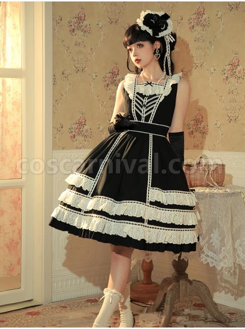 Heartbeat-Direction-Series-JSK-Summer-Black-A-shape-Mid-length-High-Waist-Style-Flying-Sleeves-Lace-Bow-Classic-Lolita-Sling-Dress-coscarnival-2715