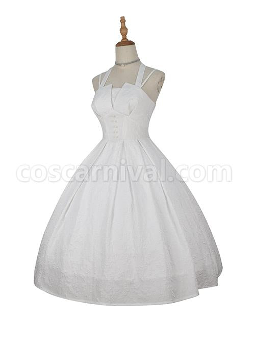 Hepburn-Style-Elegant-White-Halterneck-Pearl-Embellished-Simple-Jacquard-Fabric-Classic-Lolita-Sleeveless-Dress-coscarnival-2717