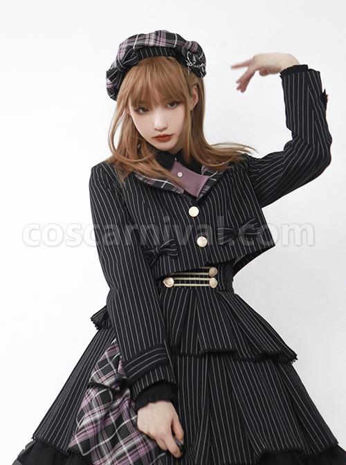 Idol.Q-Series-Simple-Thin-Stripes-Large-Neckline-Plaid-Decoration-Metal-Buttons-Bow-Knot-Short-Long-Sleeve-Classic-Lolita-Coat-coscarnival-5126
