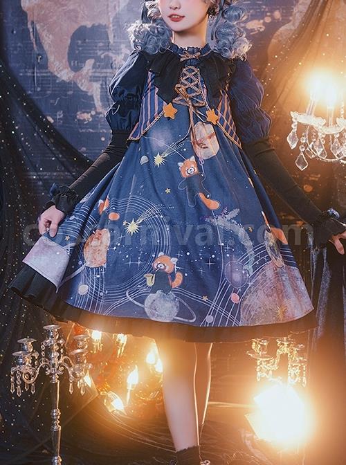 Interstellar-Little-Bear-Series-Red-Panda-Print-Stripe-Lace-Up-Little-Star-Bowknot-Decoration-Classic-Lolita-Long-Sleeved-Dress-coscarnival-2638