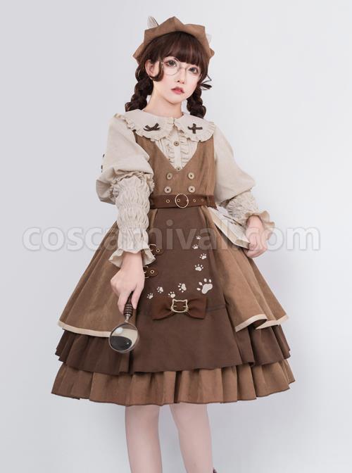 Kitten Detective Series Doll Collar Ruffle School Lolita Beige Long Sleeve Shirt coscarnival