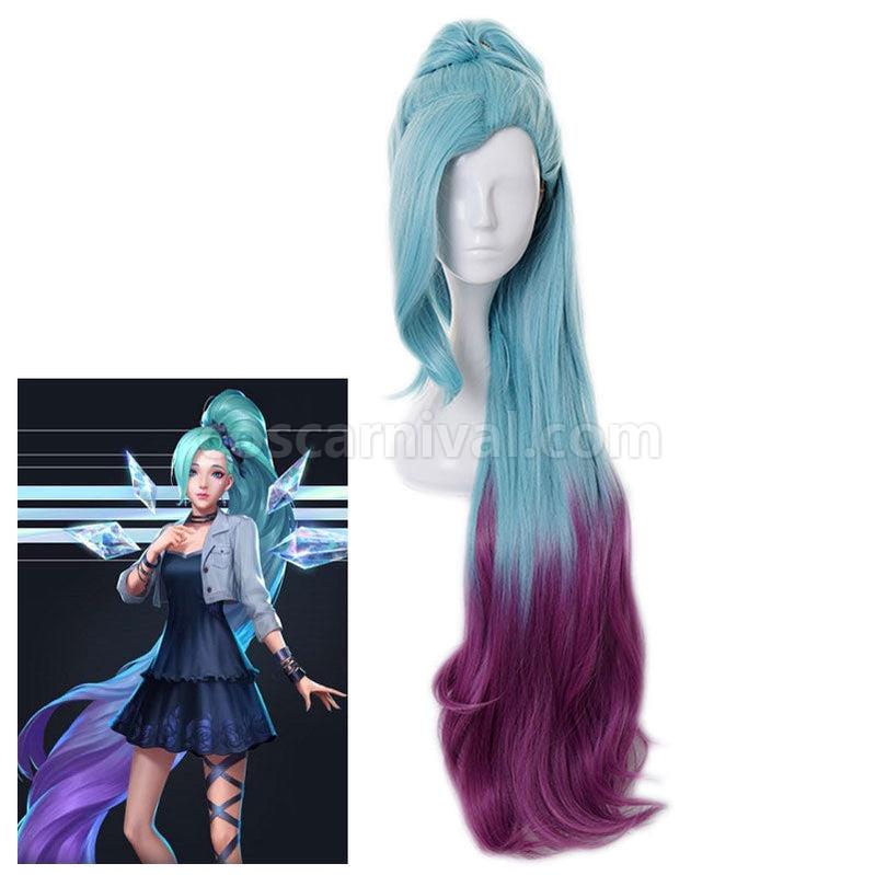 LOL KDA All Out Seraphine 100cm Long Green Gradient Purple Ponytail Cosplay Wigs coscarnival011114202