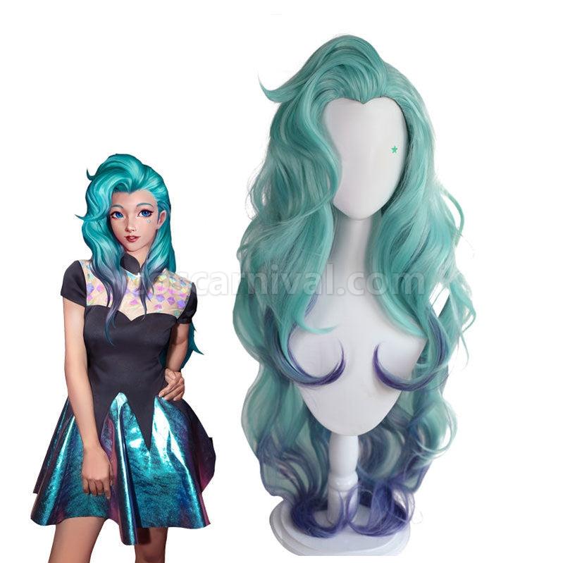 LOL KDA All Out Seraphine 100cm Long Green Gradient Purple Wavy Cosplay Wigs coscarnival011113635