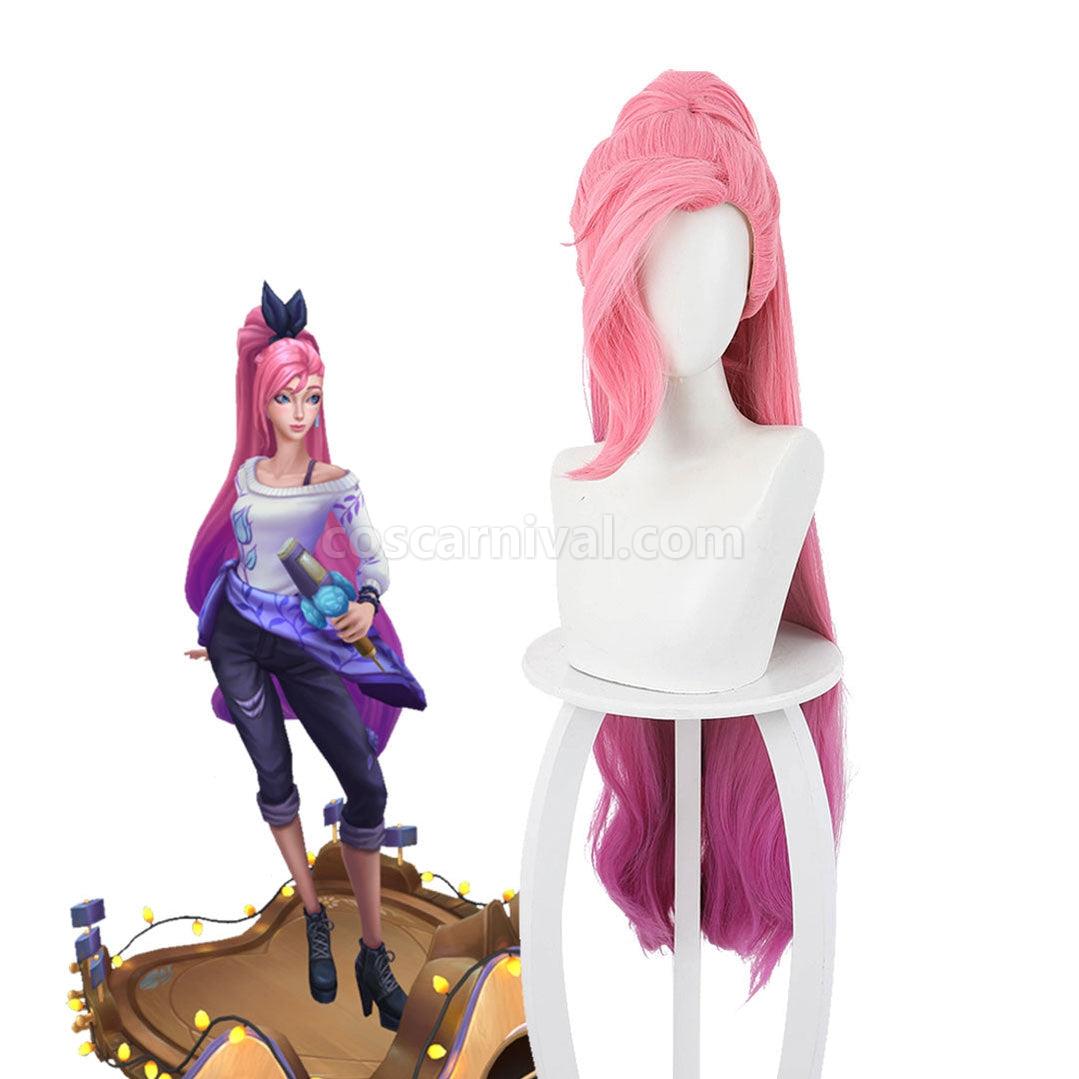 LOL KDA All Out Seraphine 100cm Long Pink Gradient Purple Ponytail Cosplay Wigs coscarnival011114203