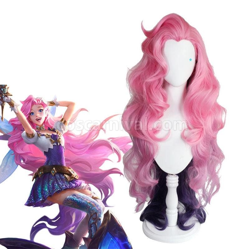 LOL KDA All Out Seraphine 100cm Long Pink Gradient Purple Wavy Cosplay Wigs coscarnival011113671