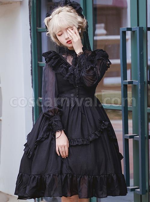 La-Traviata-Series-French-Elegant-Solid-Color-Retro-Lace-Translucent-Stand-Collar-Classic-Lolita-Long-Sleeved-Dress-coscarnival-2603