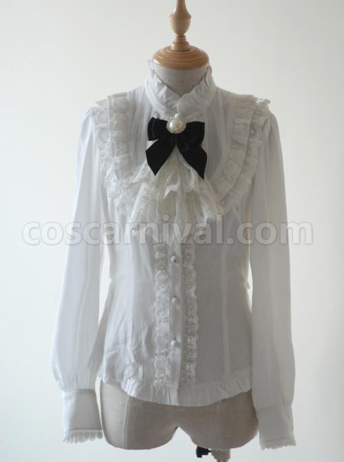 Lace Ruffle White Lolita Long Sleeve Shirt And Retro Lace Black Silk Bowknot-tie Brooch coscarnival