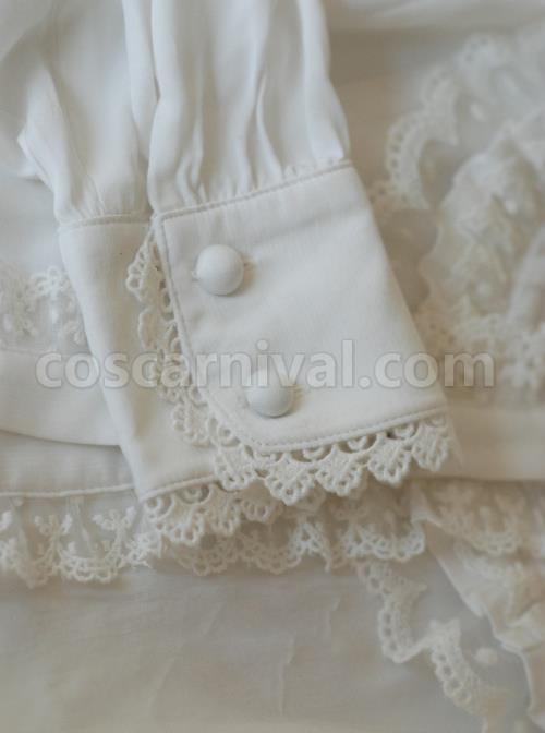 Lace Ruffle White Lolita Long Sleeve Shirt And Retro Lace Black Silk Bowknot-tie Brooch coscarnival