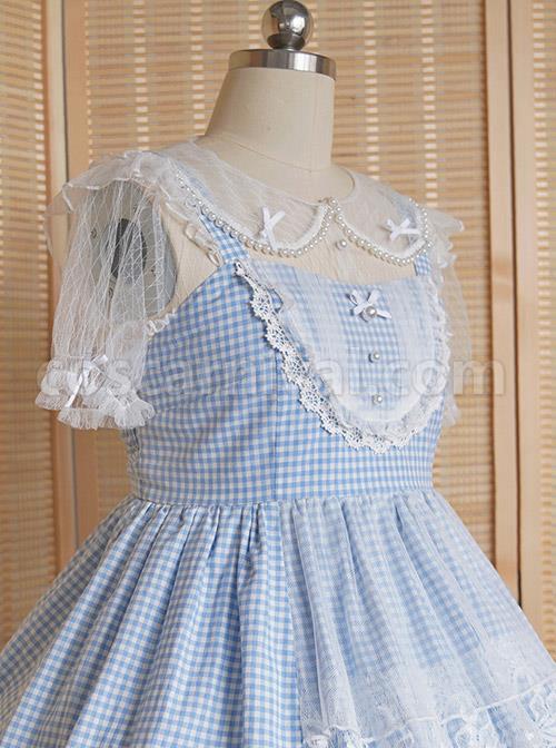 Lapel Inside Lace Shirt Lolita Grids Blouse coscarnival