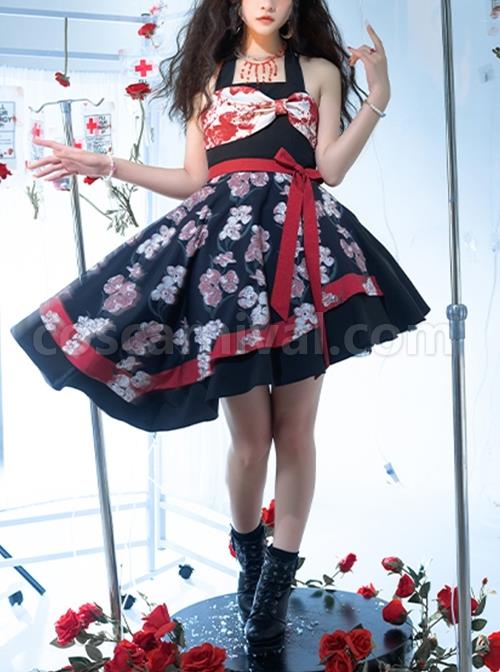 Large Bow High Waist Print Elegant Halter Detachable Belt Irregular Gothic Lolita Sleeveless Dress coscarnival