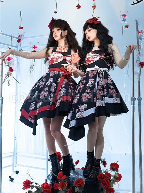 Large Bow High Waist Print Elegant Halter Detachable Belt Irregular Gothic Lolita Sleeveless Dress coscarnival