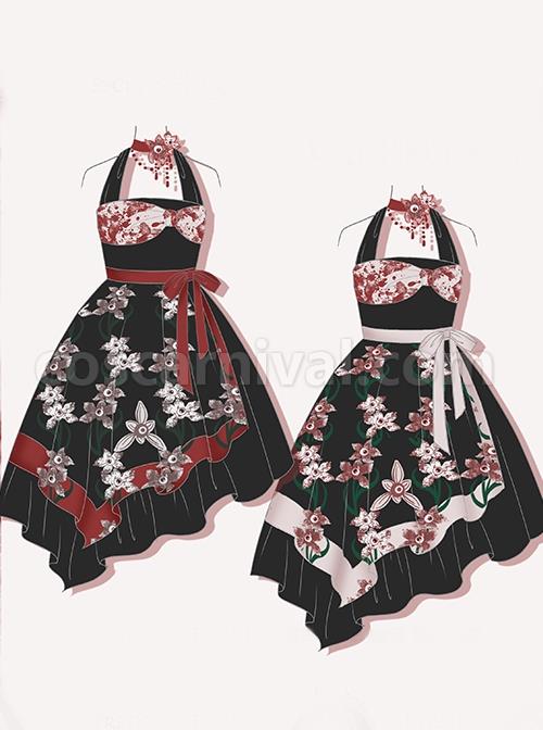 Large Bow High Waist Print Elegant Halter Detachable Belt Irregular Gothic Lolita Sleeveless Dress coscarnival