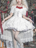 Letters And Poems Gunpowder Series White Pleated Lace Jacquard Drawstring Red Rose Embellishment PU Personalized Girdle Gothic Lolita Dress Set coscarnival