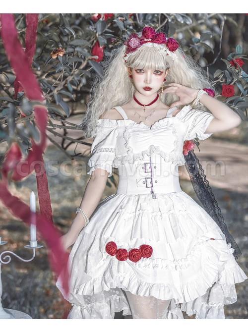Letters And Poems Gunpowder Series White Pleated Lace Jacquard Drawstring Red Rose Embellishment PU Personalized Girdle Gothic Lolita Dress Set coscarnival