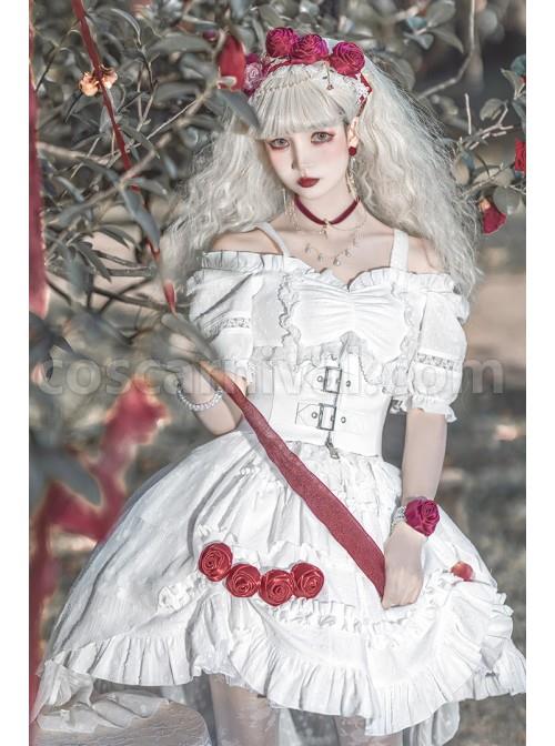 Letters And Poems Gunpowder Series White Pleated Lace Jacquard Drawstring Red Rose Embellishment PU Personalized Girdle Gothic Lolita Dress Set coscarnival