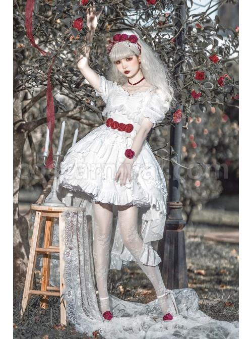 Letters And Poems Gunpowder Series White Pleated Lace Jacquard Drawstring Red Rose Embellishment PU Personalized Girdle Gothic Lolita Dress Set coscarnival