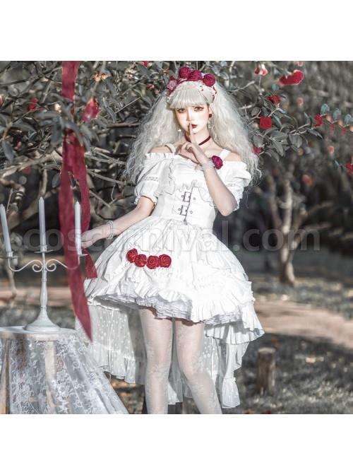 Letters And Poems Gunpowder Series White Pleated Lace Jacquard Drawstring Red Rose Embellishment PU Personalized Girdle Gothic Lolita Dress Set coscarnival