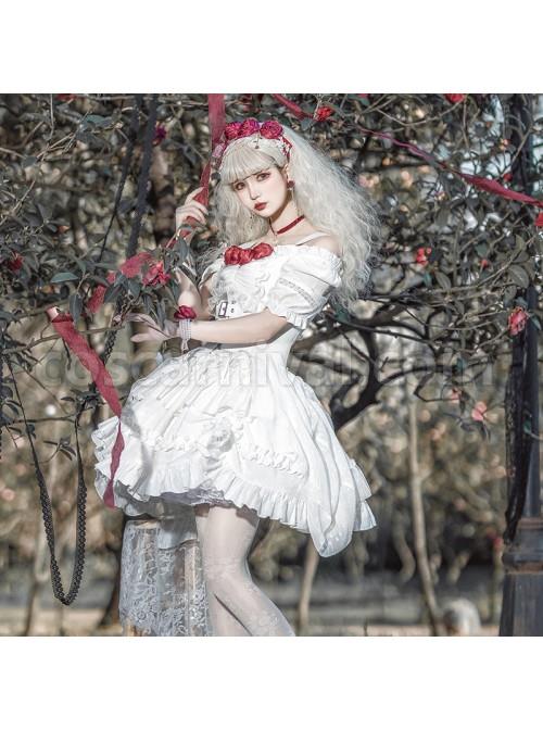 Letters And Poems Gunpowder Series White Pleated Lace Jacquard Drawstring Red Rose Embellishment PU Personalized Girdle Gothic Lolita Dress Set coscarnival