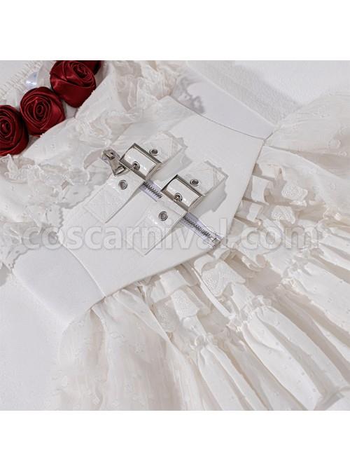 Letters And Poems Gunpowder Series White Pleated Lace Jacquard Drawstring Red Rose Embellishment PU Personalized Girdle Gothic Lolita Dress Set coscarnival