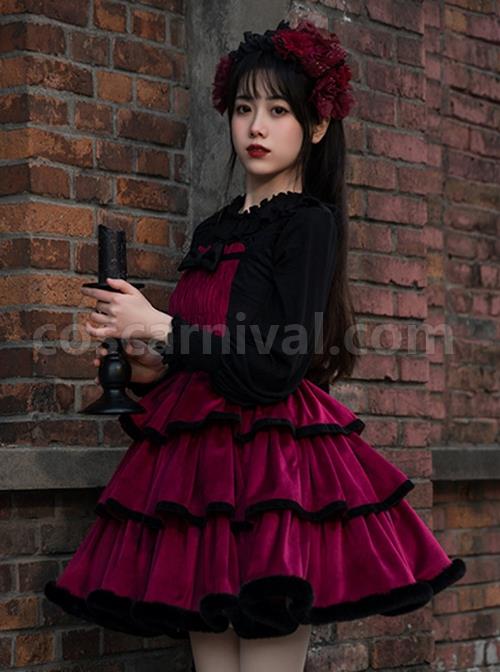 Lilith Series Playful Sexy Velvet Princess Three-Section Cake Skirt Gothic Lolita Sleeveless Dress coscarnival