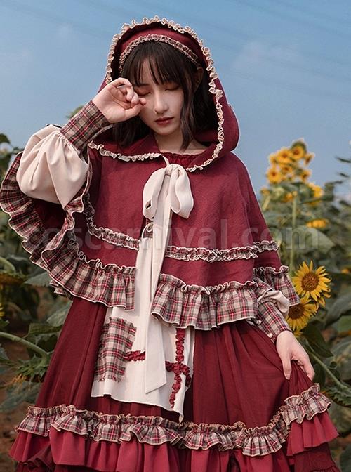 Little-Red-Riding-Hood-Series-Pastoral-Style-Ruffled-Collar-Lantern-Sleeve-Plaid-Print-Hooded-Cloak-Classic-Lolita-Long-Sleeved-Dress-Set-coscarnival-2576