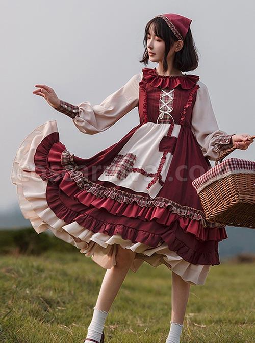 Little-Red-Riding-Hood-Series-Pastoral-Style-Ruffled-Collar-Lantern-Sleeve-Plaid-Print-Hooded-Cloak-Classic-Lolita-Long-Sleeved-Dress-Set-coscarnival-2585