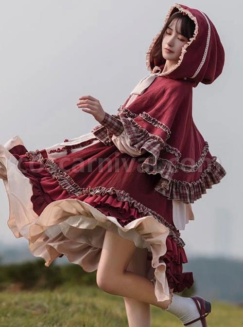 Little-Red-Riding-Hood-Series-Pastoral-Style-Ruffled-Collar-Lantern-Sleeve-Plaid-Print-Hooded-Cloak-Classic-Lolita-Long-Sleeved-Dress-Set-coscarnival-2589