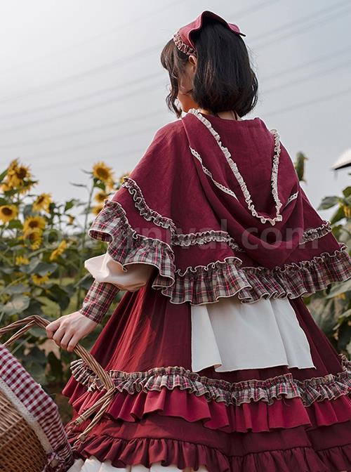 Little-Red-Riding-Hood-Series-Pastoral-Style-Ruffled-Collar-Lantern-Sleeve-Plaid-Print-Hooded-Cloak-Classic-Lolita-Long-Sleeved-Dress-Set-coscarnival-2599