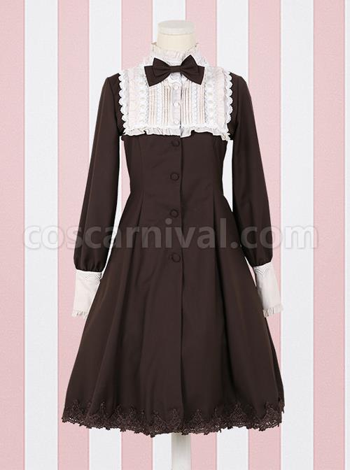 Little Stand Collar Concise Gothic Lolita Long Sleeve Dress coscarnival