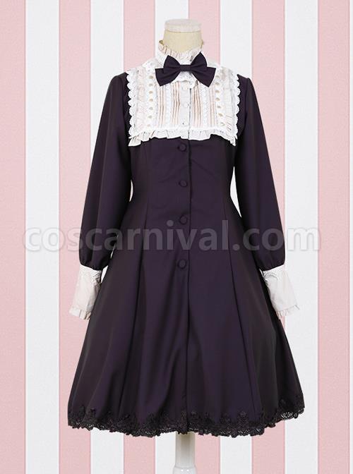 Little Stand Collar Concise Gothic Lolita Long Sleeve Dress coscarnival
